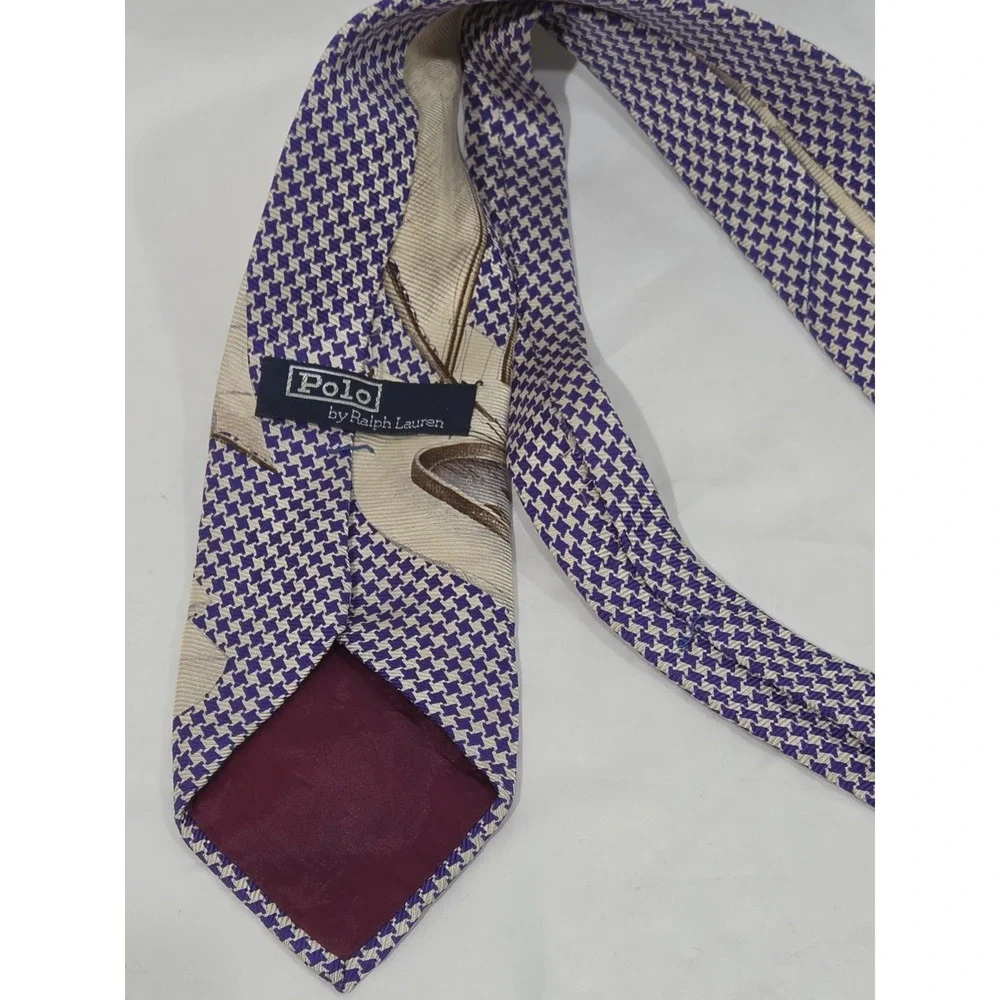 Vintage Polo Ralph Lauren Silk Tie Sailing Scene Houndstooth Blue Handmade USA